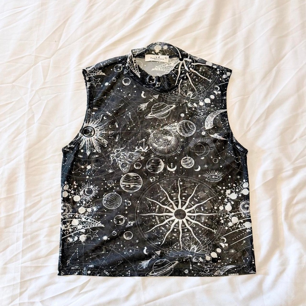 Rebellious Dreamer Celestial Astrology Zodiac Mesh Top Black White Large
